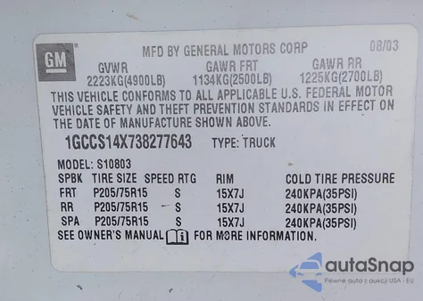 2003 Chevrolet S Truck S10 from USA, damaged, VIN 1GCCS14X738277643